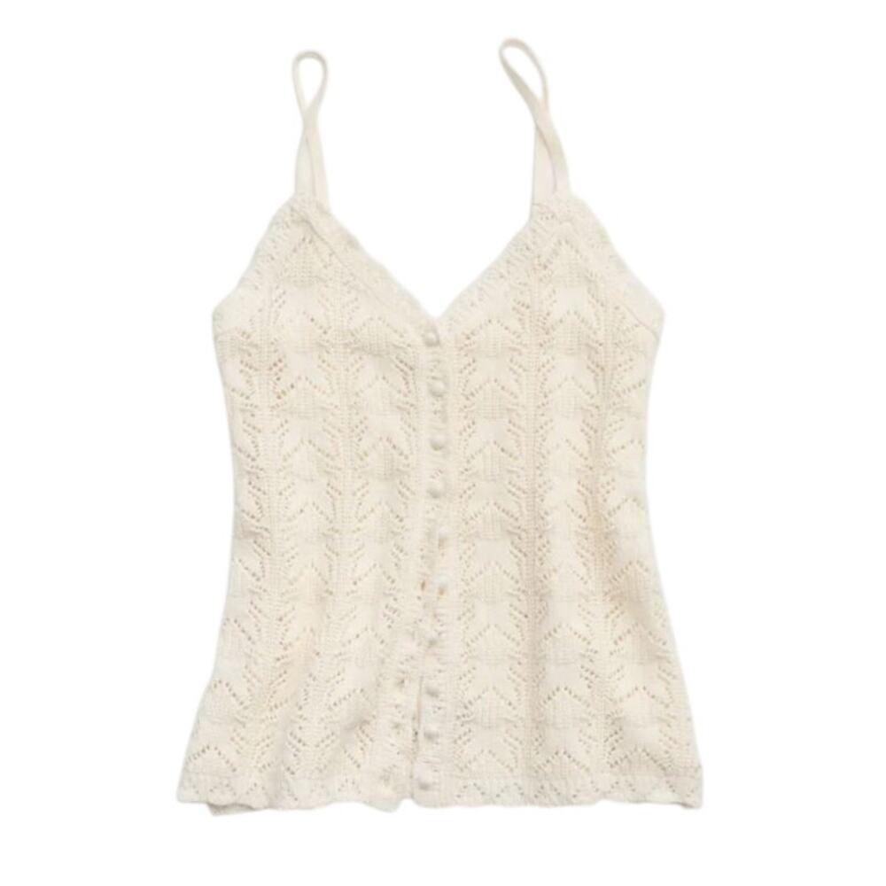 Aerie Crochet Knit Button Sweater Tank Top 100% Cotton - White Cream - Medium